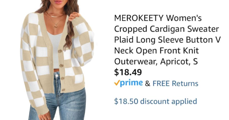 woman wearing checkered cardigan next to Amazon pricing information