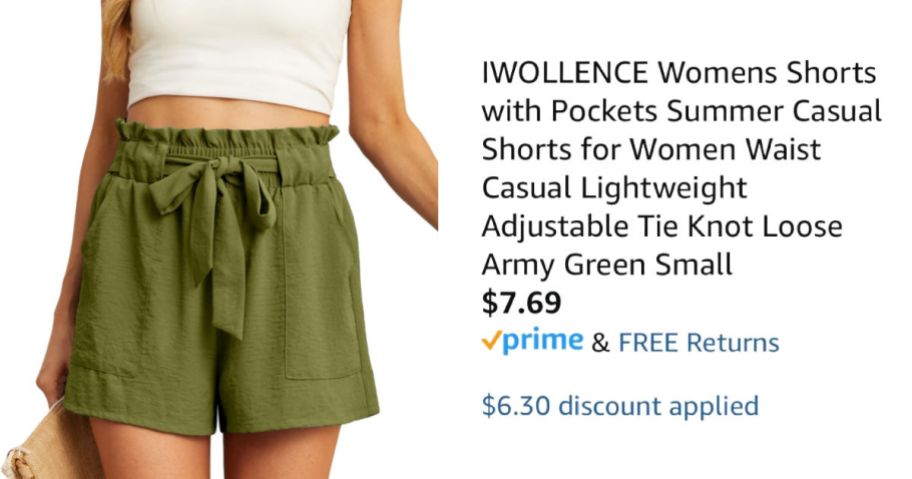 woman wearing green shorts next to Amazon pricing information