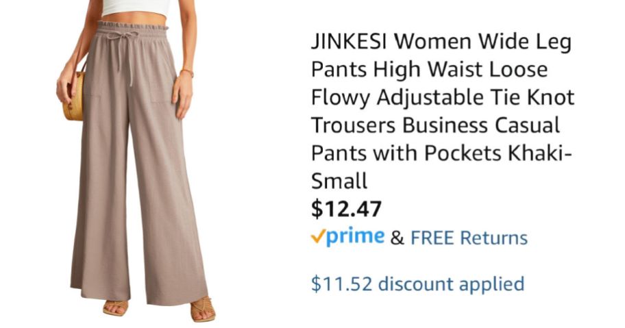 woman wearing khaki pants next to Amazon pricing information