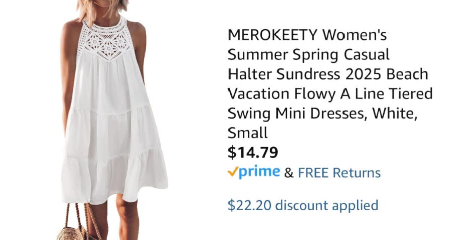 woman wearing white dress next to Amazon pricing information