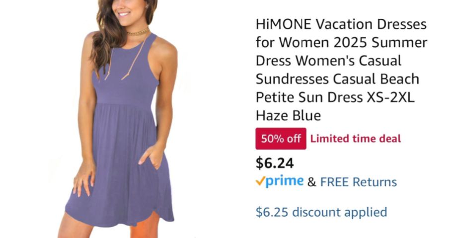 woman wearing purple dress next to Amazon pricing information