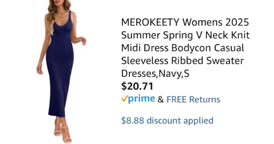 woman wearing navy dress next to Amazon pricing information