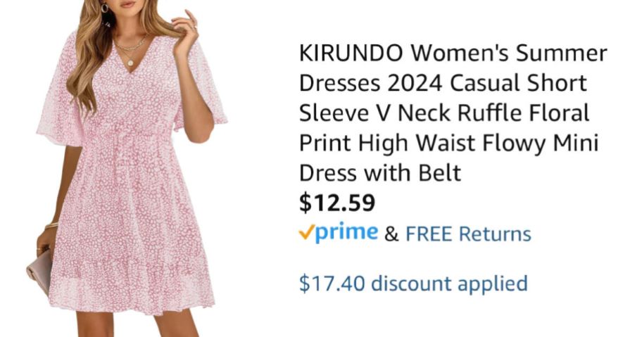 woman wearing pink dress next to Amazon pricing information