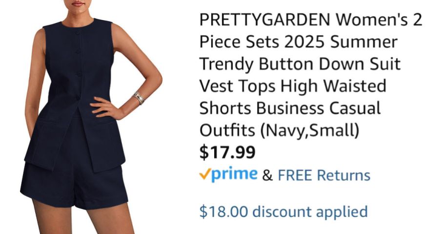 woman wearing navy vest outfit next to Amazon pricing information