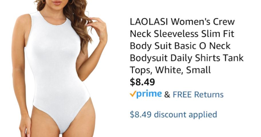 woman wearing white bodysuit next to Amazon pricing information