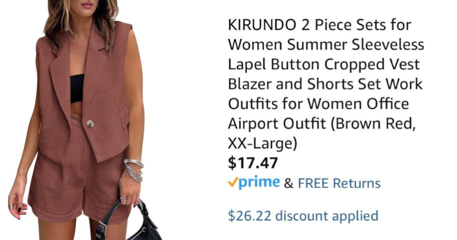 woman wearing rust-colored sleeveless blazer outfit next to Amazon pricing information