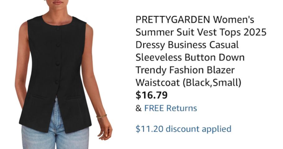 woman wearing black vest next to Amazon pricing information