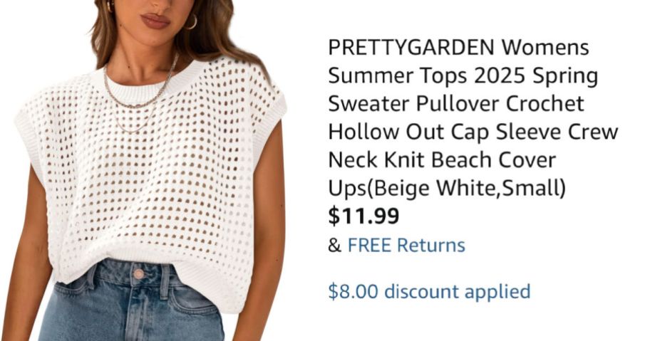 woman wearing white sweater next to Amazon pricing information