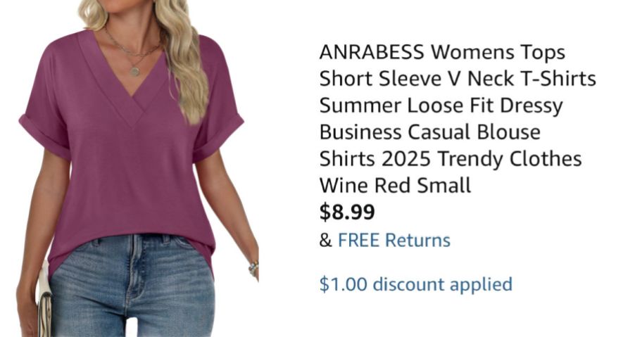 woman wearing purple shirt next to Amazon pricing information