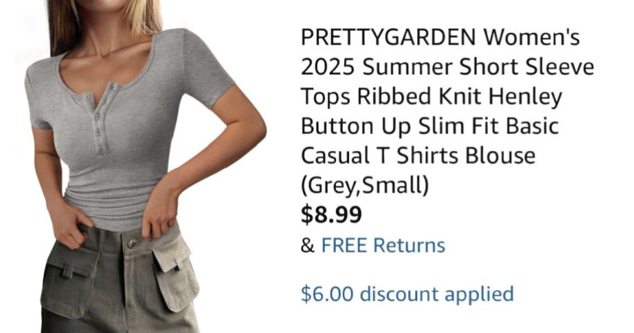 woman wearing gray henley next to Amazon pricing information