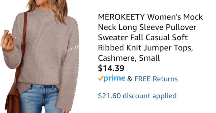 woman wearing tan sweater next to Amazon pricing information