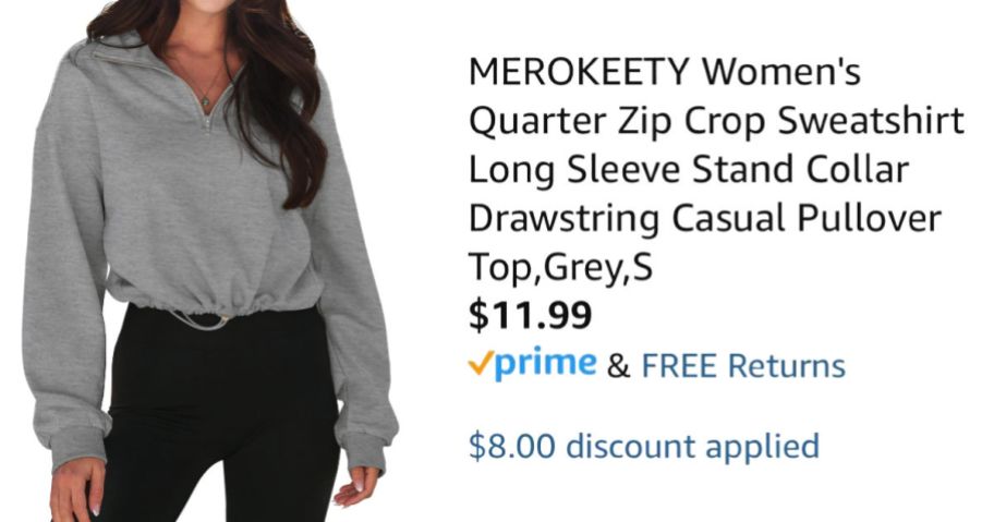 woman wearing gray hoodie next to Amazon pricing information