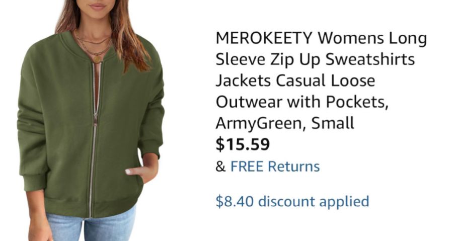 woman wearing green jacket next to Amazon pricing information