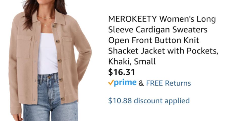 woman wearing tan shacket next to Amazon pricing information