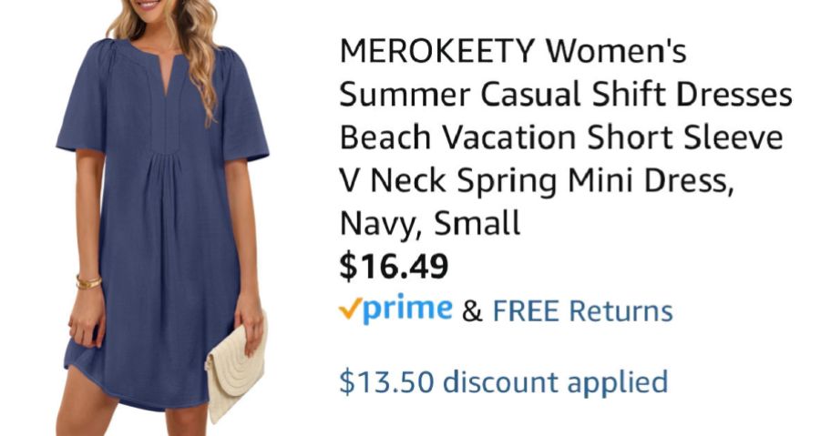 woman wearing blue dress next to Amazon pricing information