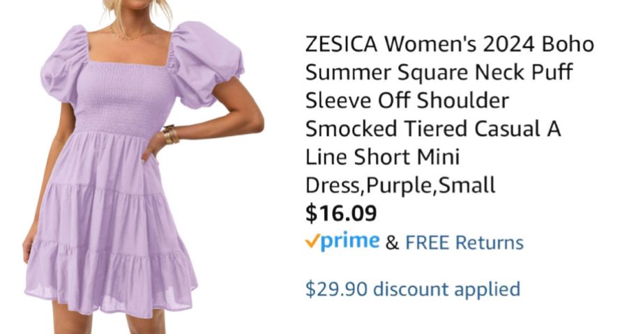 woman wearing purple dress next to Amazon pricing information