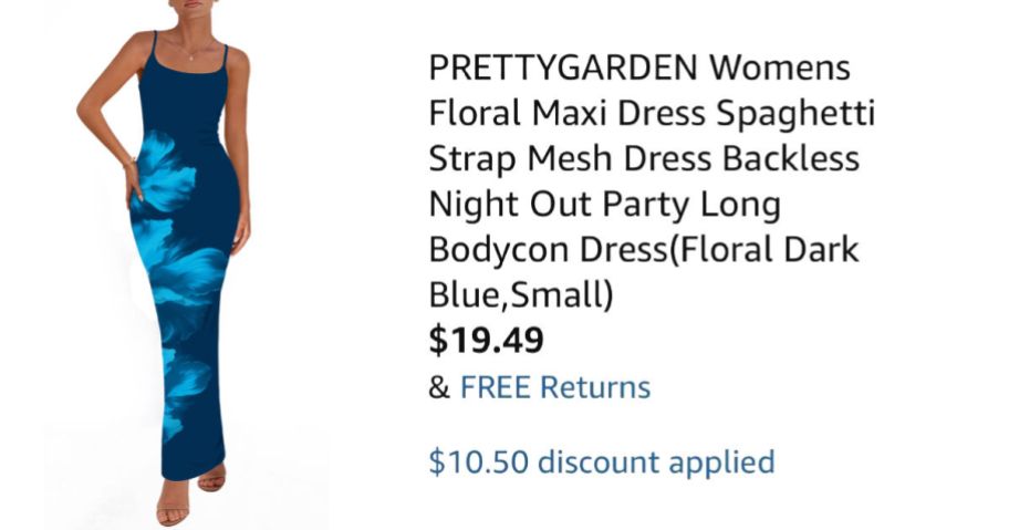 woman wearing blue dress next to Amazon pricing information