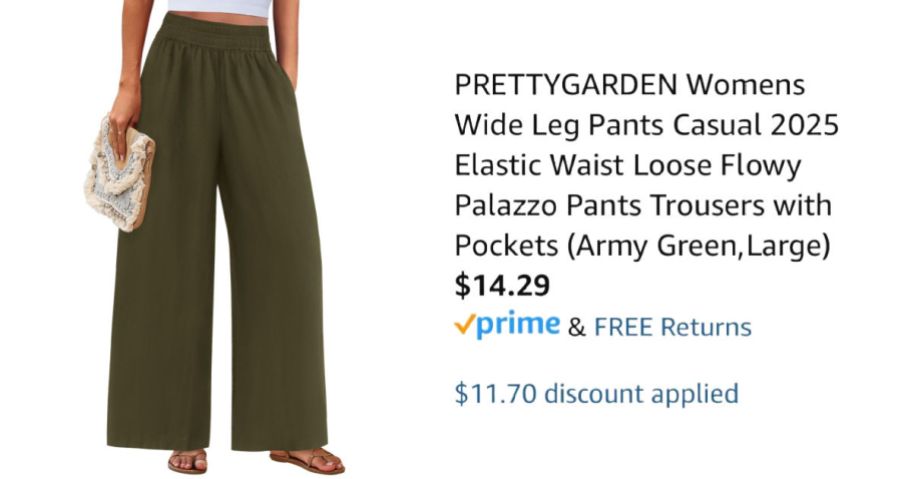 woman wearing green pants next to Amazon pricing information