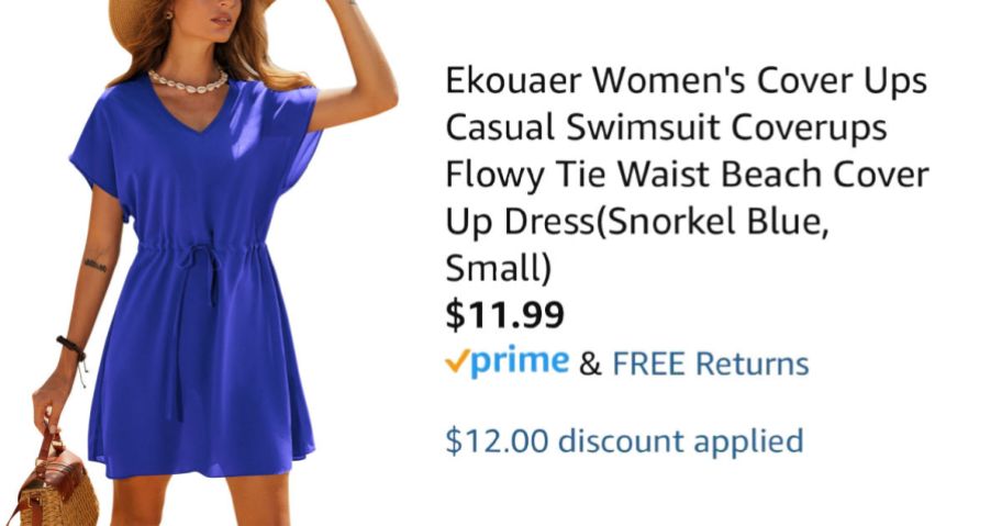 woman wearing blue dress next to Amazon pricing information