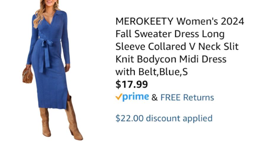 woman wearing blue dress next to Amazon pricing information