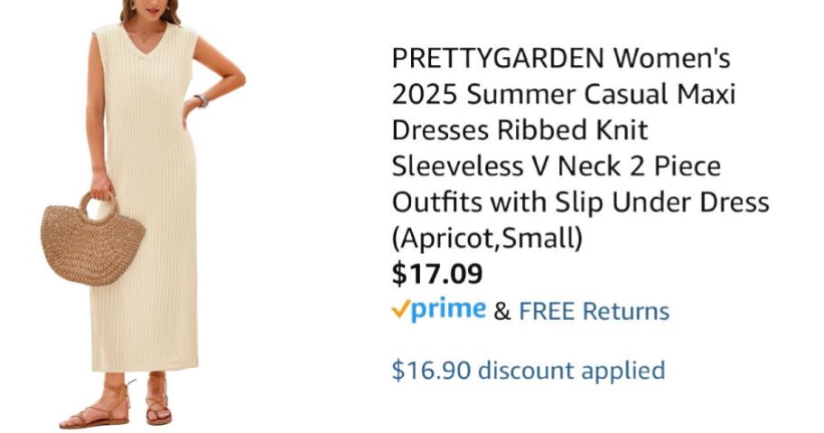 woman wearing beige dress next to Amazon pricing information