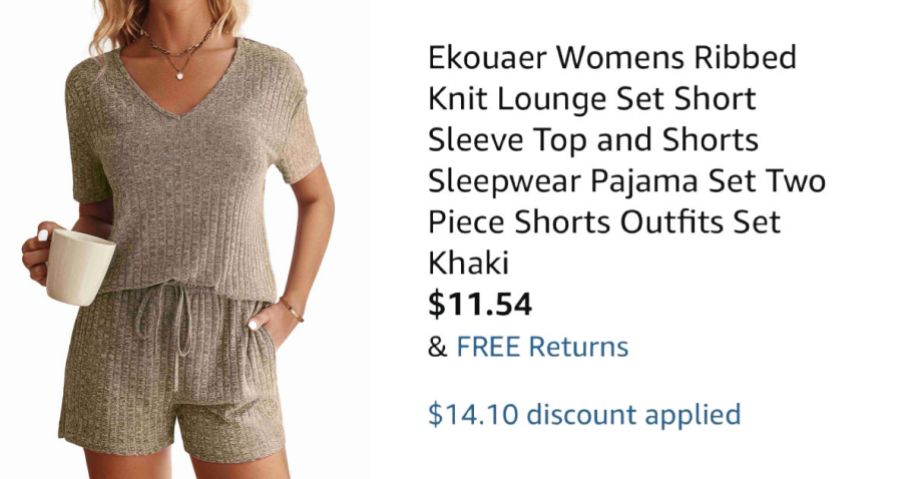 woman wearing tan pajamas next to Amazon pricing information