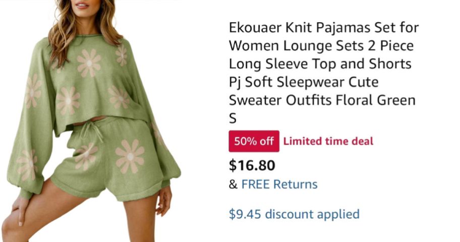 woman wearing green pajamas next to Amazon pricing information