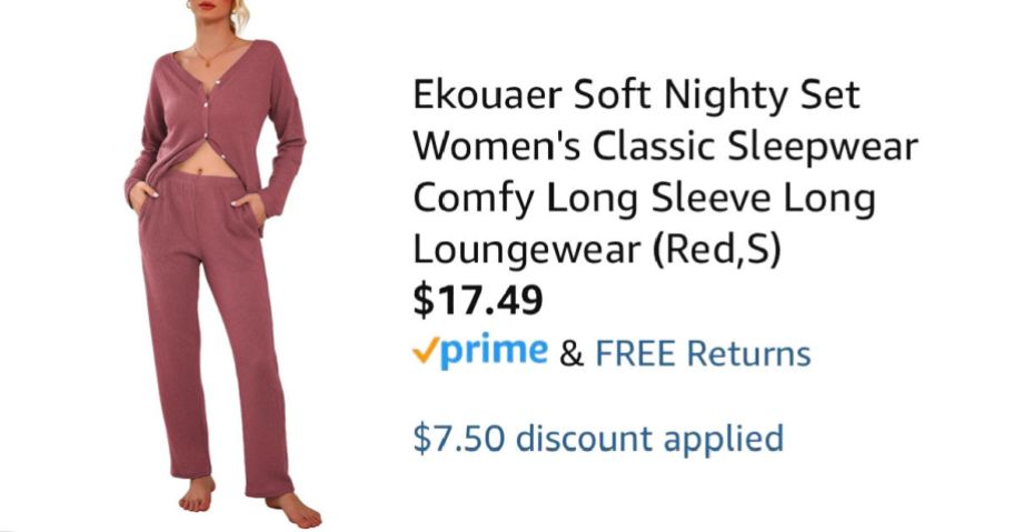 woman wearing red lounge set next to Amazon pricing information