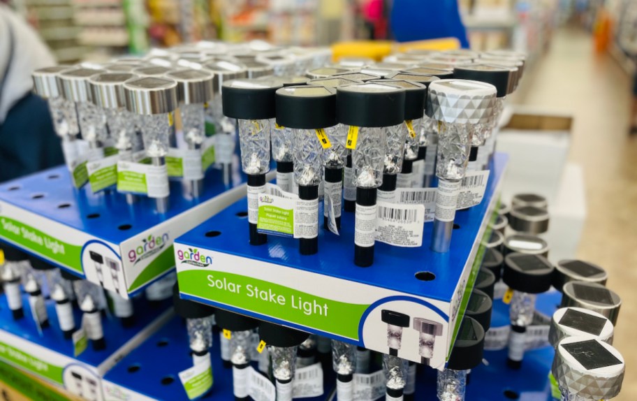 stacks of solar lights in dollar tree