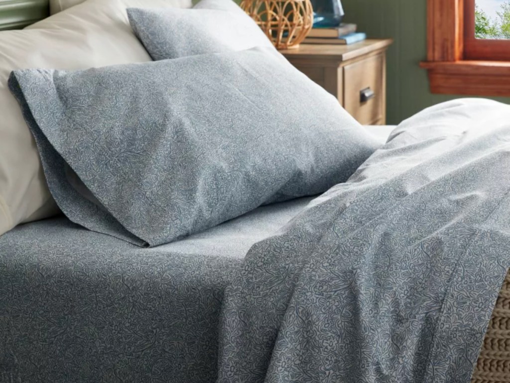 Blue pattern sheet set on bed