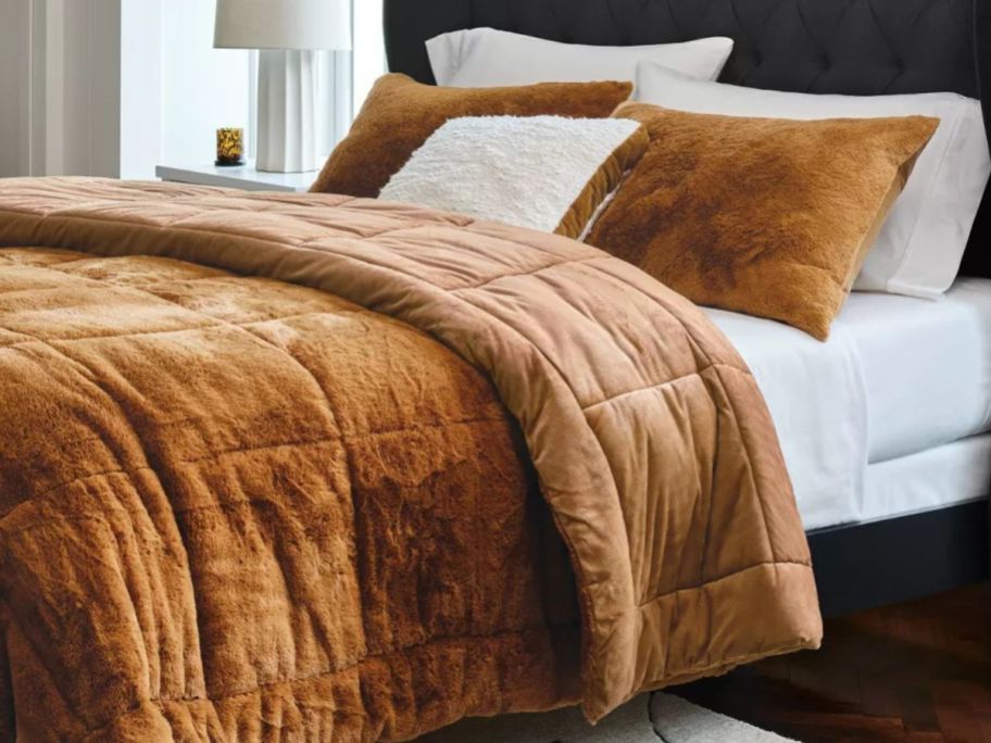 Threshold Luxe Box Stitch Faux Rabbit Fur Comforter & Sham Set in Brown