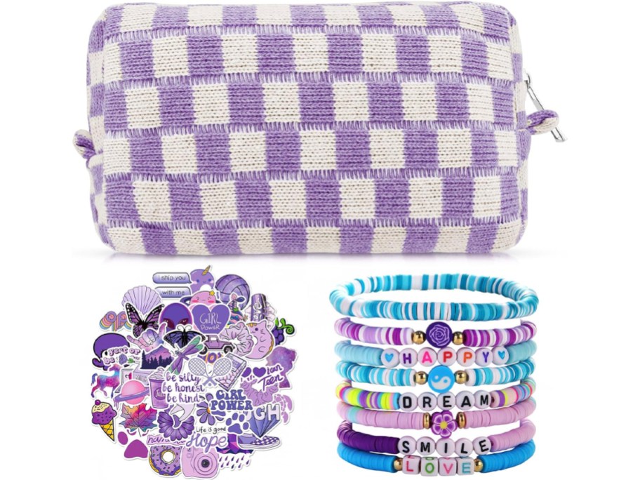 purple checkered makeup bag with stickers and bracelets 