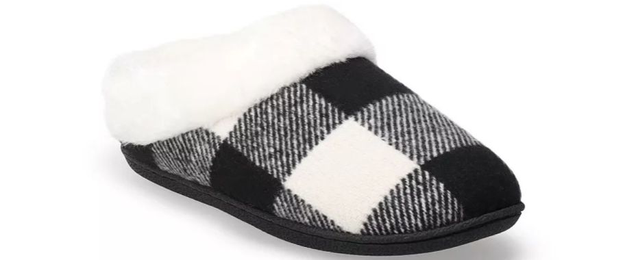 A black and white plaid clog slipper