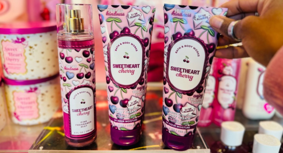 Sweetheart cherry bath & body works mist and lotion on display