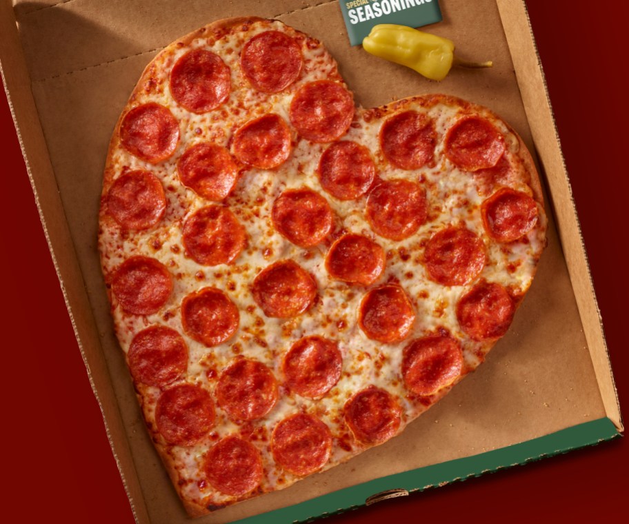 heart-shaped pizza in Papa John's box