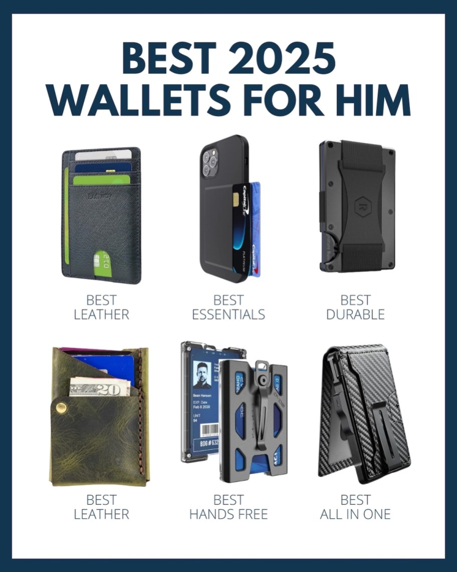 best 2025 wallets for him graphic with various wallets and credit card holders on background