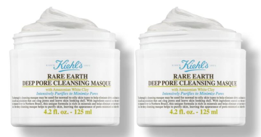 2 open containers of Kiehl's Rare Earth Pore Cleansing Masques with the masque cream coming out of the top