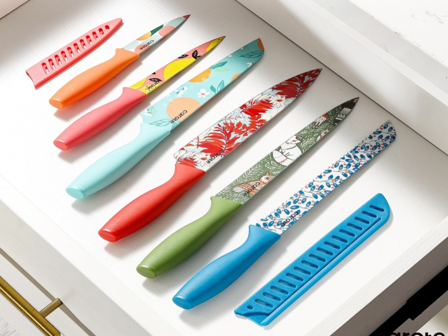 colorful kitchen knives in drawer