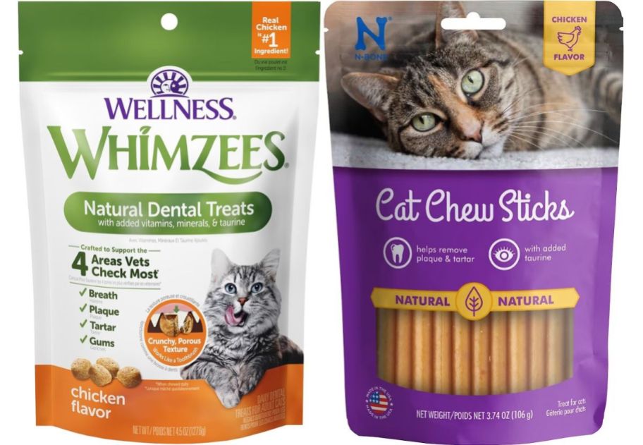 two bags of cat dental treats