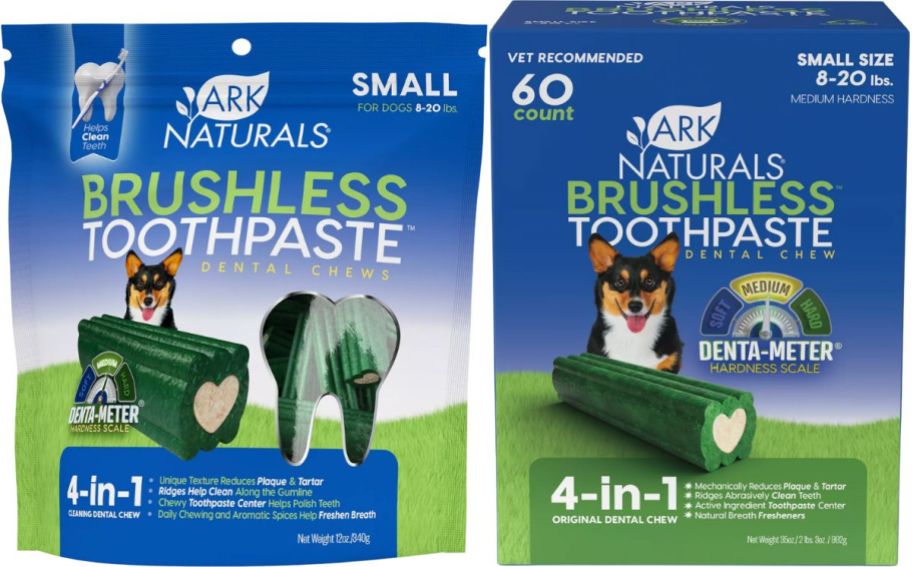 a bag and box of dog dental treats