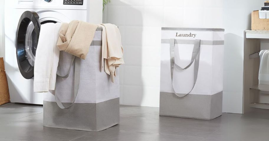 Collapsible 78L Laundry Basket 2-Pack in Gray in laundry room