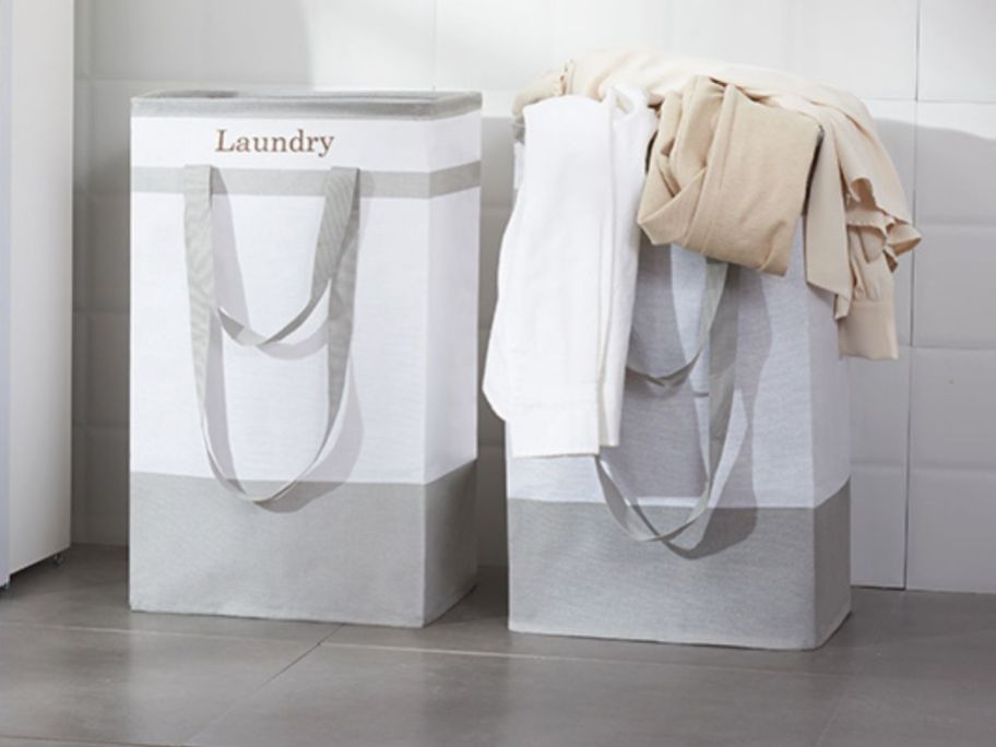 Collapsible 78L Laundry Basket 2-Pack in Gray in laumdry room