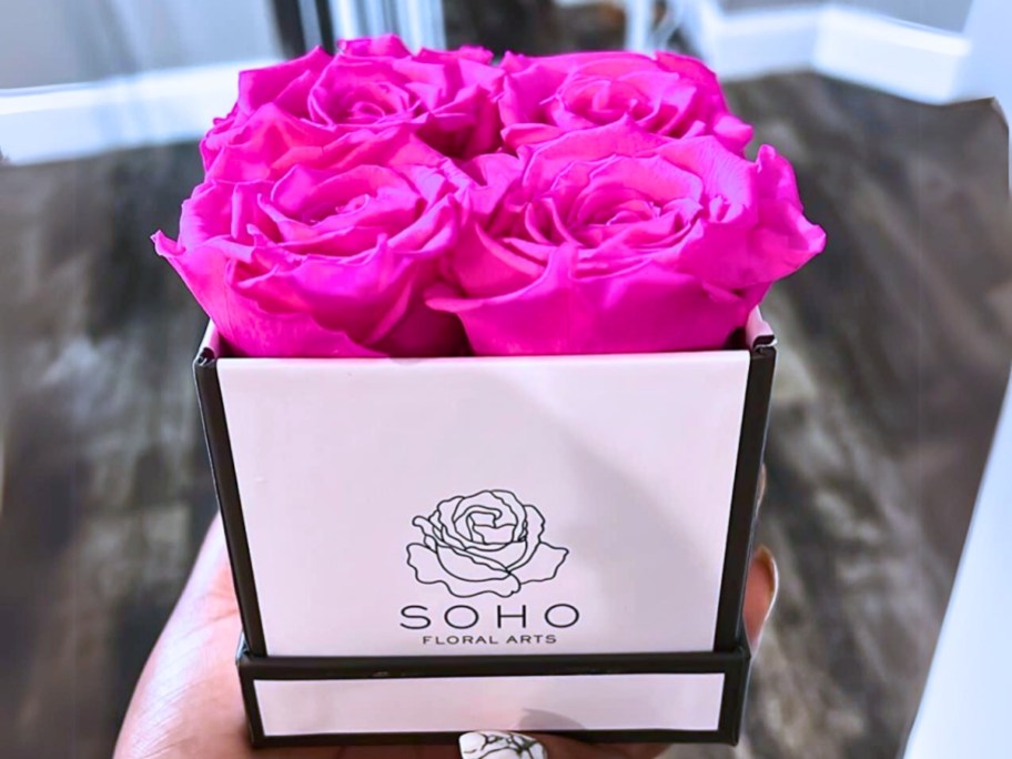 handholding a white and black box with bright pink preserved roses