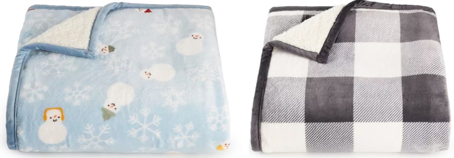 blue snowman and grey/white buffalo plaid throw blankets