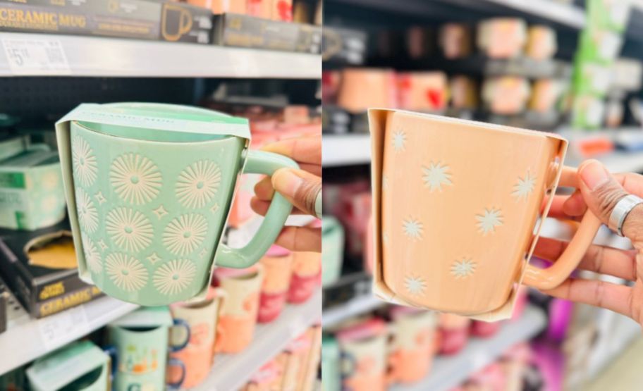 two images of a womans hand holding a mug