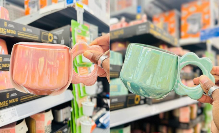 two images of a womans hand holding a mug