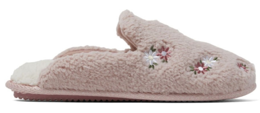 a woman's slipper in pink with embroidered pink and white flowers on it