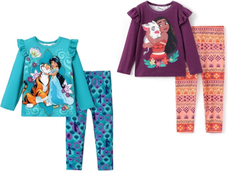 Stock images of Disney princess 2-piece girls top and pants set with Jasmine and Moana