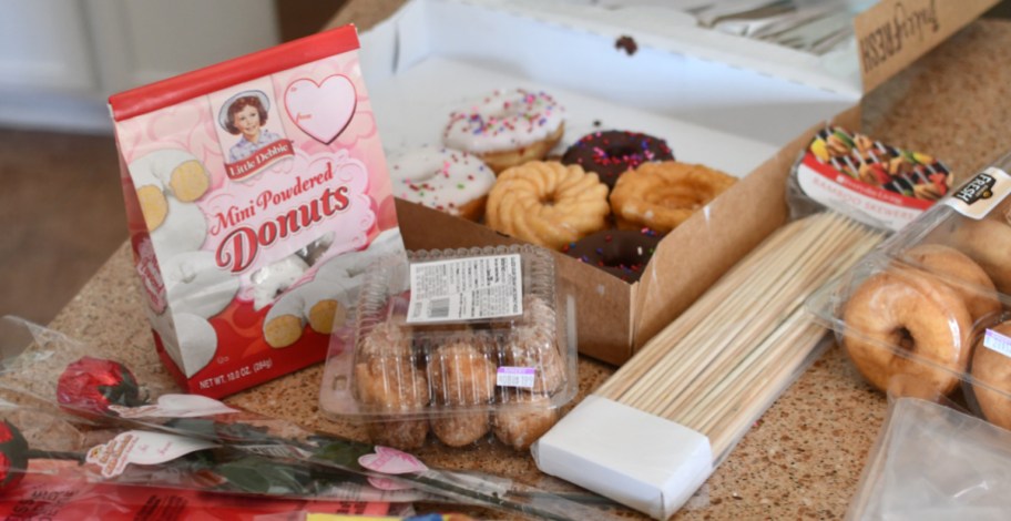 Supplies needed to create a DIY Valentine's Day donut bouquet