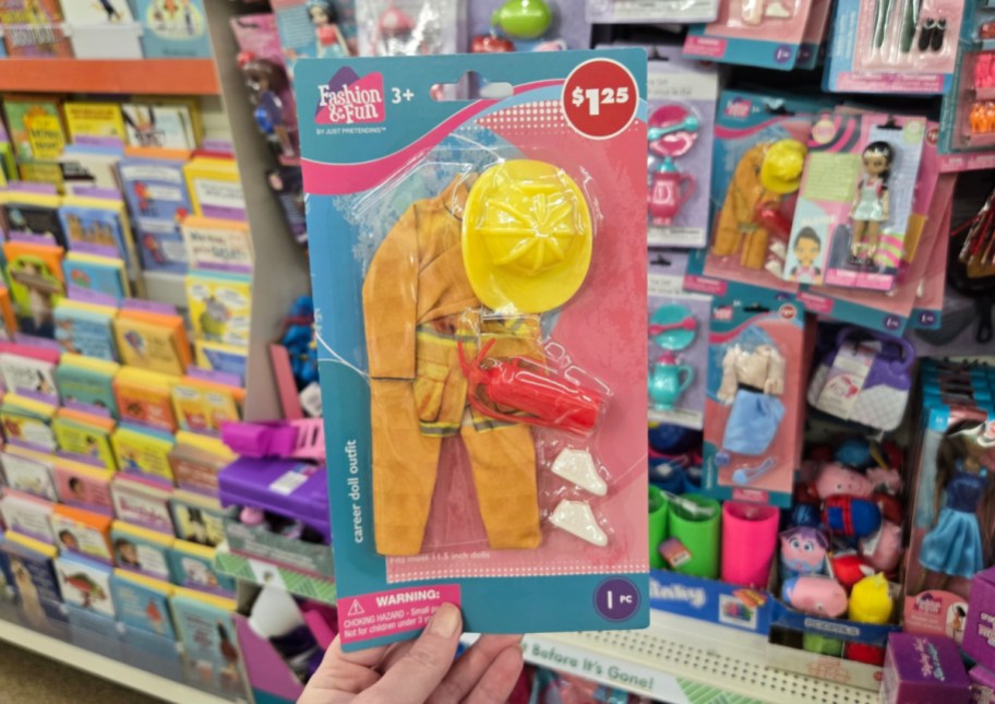 A firefighter outfit from the Fashion doll and Barbie accessories and clothing section of dollar tree